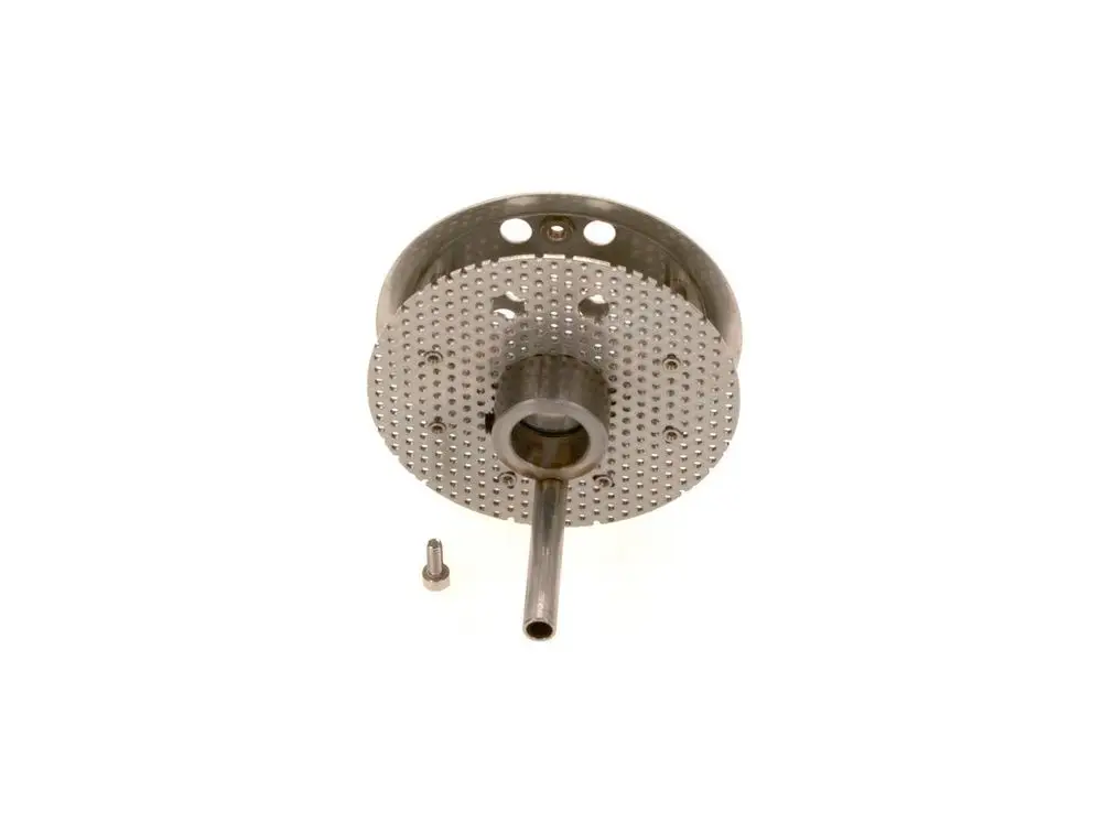 BOSCH Mischsystem mit perforierter Metalloberfläche und zentralem Stutzen, separat liegendes Teil mit Gewinde.